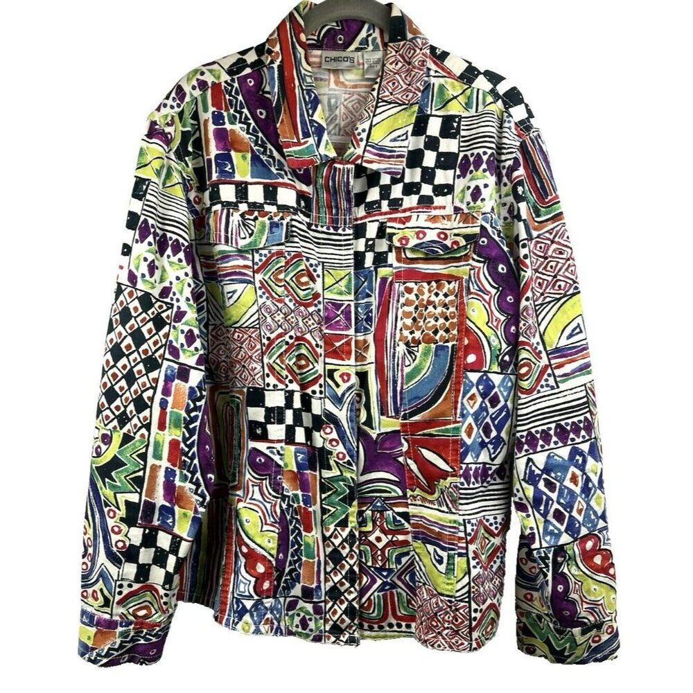 Chicos Women's Jacket Size XL Artwork Artsy Multicolor Snap Closure‎ Long Sleeve